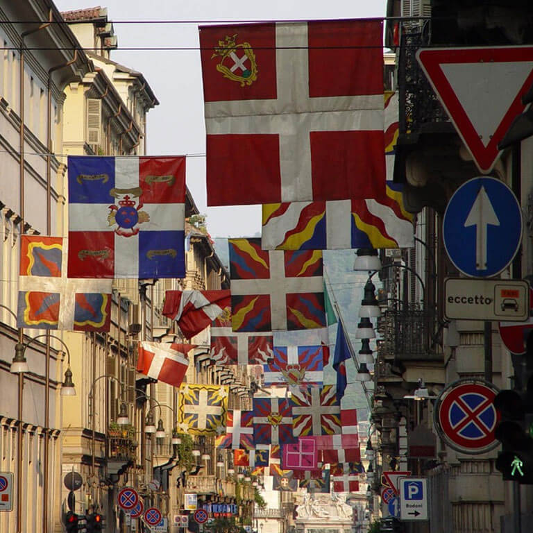 Downtown street with flags